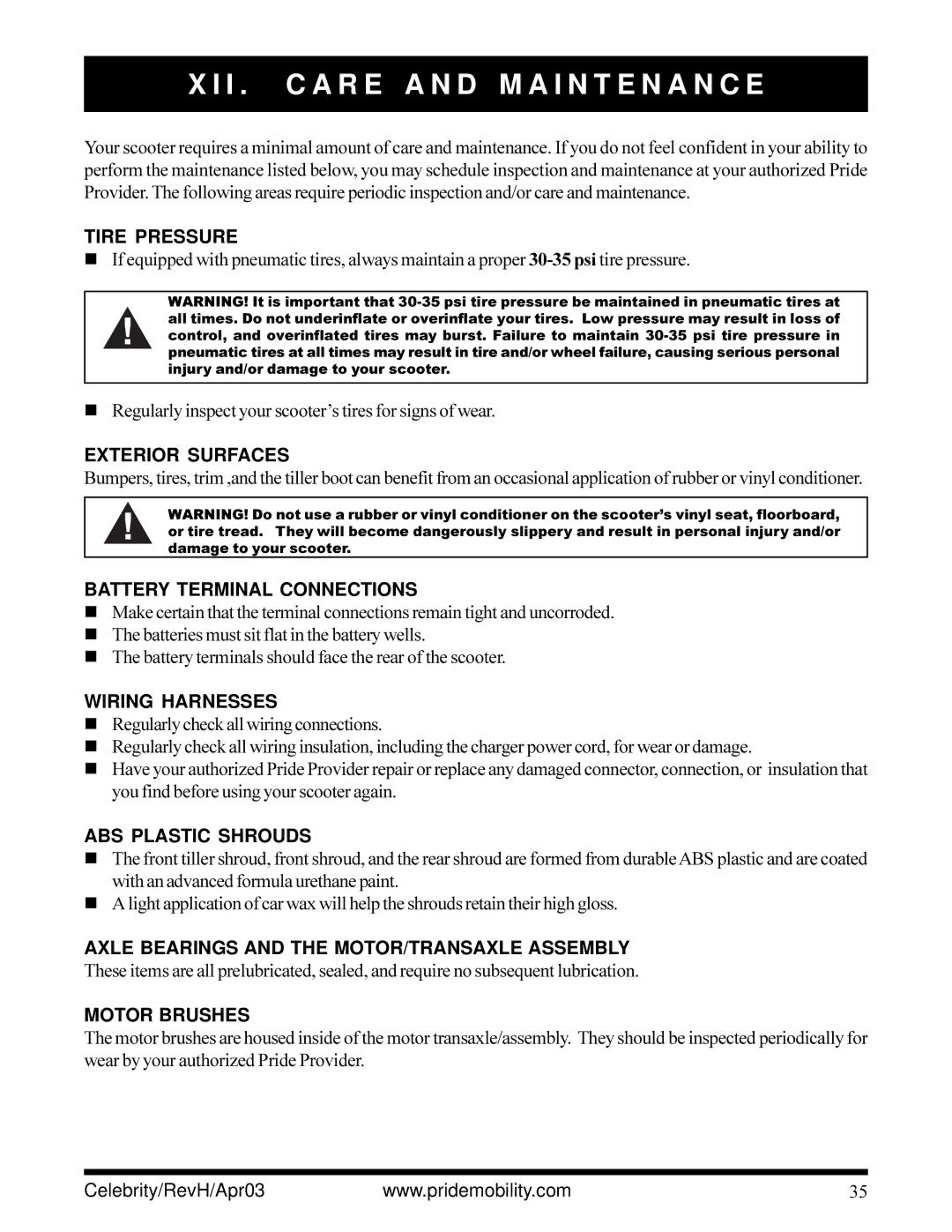 Pride Mobility INFMANU1208 owner manual I . C a R E a N D M a I N T E N a N C E 