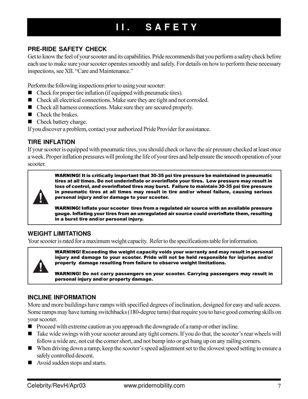 Pride Mobility INFMANU1208 owner manual PRE-RIDE Safety Check, Tire Inflation, Weight Limitations, Incline Information 