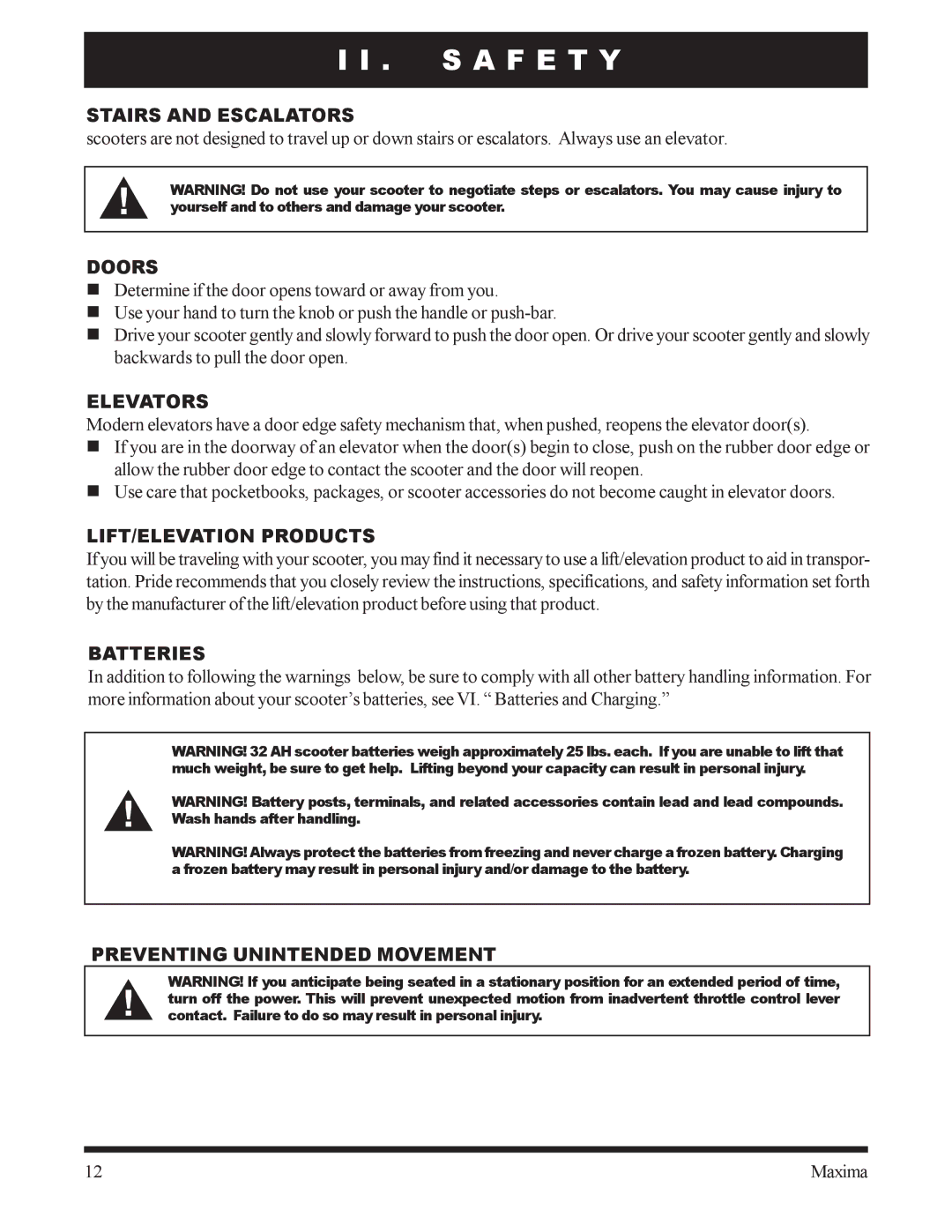 Pride Mobility INFMANU1743 owner manual Stairs and Escalators, Doors, Elevators, LIFT/ELEVATION Products, Batteries 