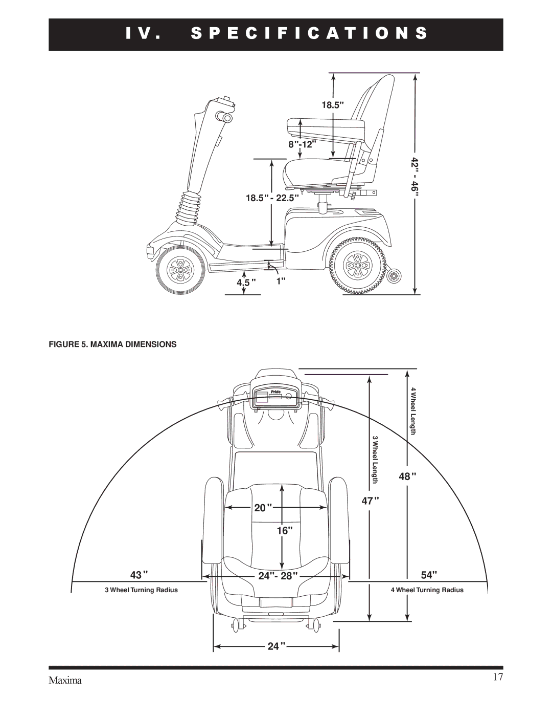 Pride Mobility INFMANU1743 owner manual Specification S, Maxima Dimensions 