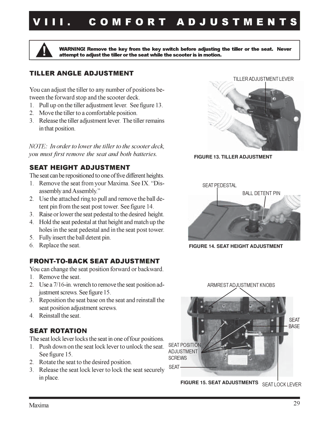 Pride Mobility INFMANU1743 I I . C O M F O R T a D J U S T M E N T S, Tiller Angle Adjustment, Seat Height Adjustment 