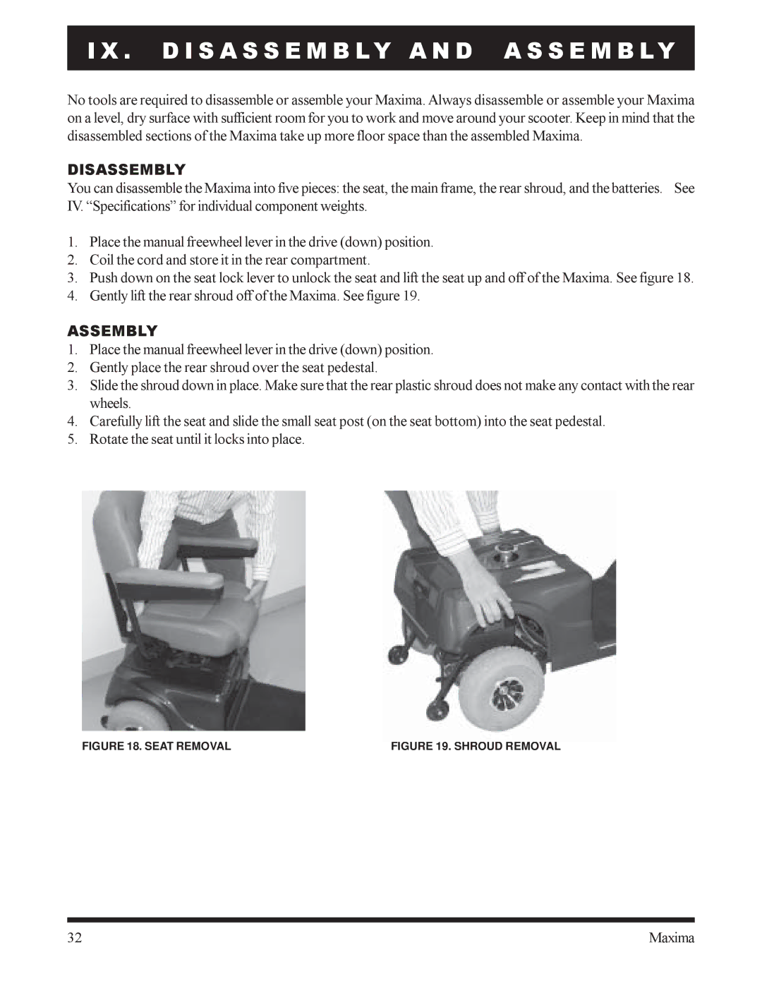 Pride Mobility INFMANU1743 owner manual Disassembly, Assembly 