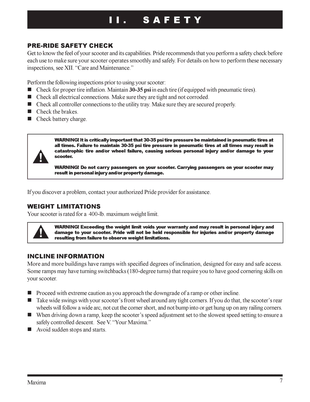 Pride Mobility INFMANU1743 owner manual PRE-RIDE Safety Check, Weight Limitations, Incline Information 