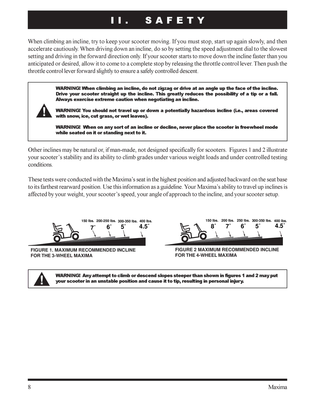 Pride Mobility INFMANU1743 owner manual Maximum Recommended Incline for the 3-WHEEL Maxima 