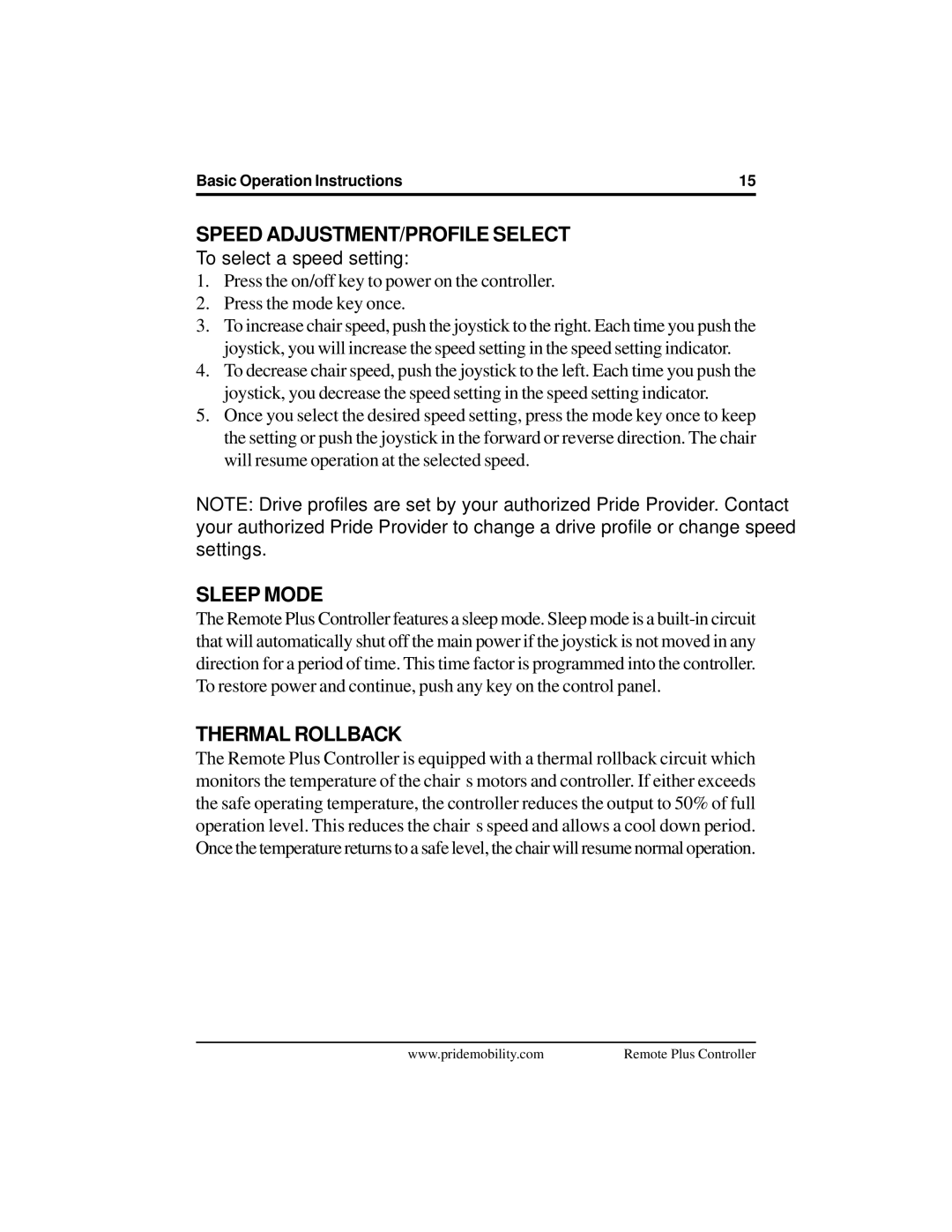 Pride Mobility INFMANU1773 manual Speed ADJUSTMENT/PROFILE Select, Sleep Mode, Thermal Rollback 