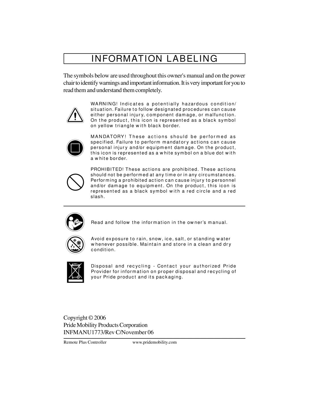 Pride Mobility INFMANU1773 manual Information Labeling 