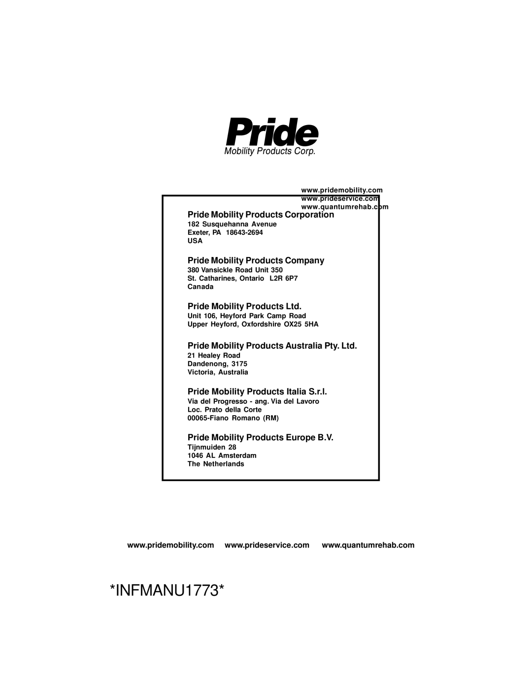 Pride Mobility INFMANU1773 manual 