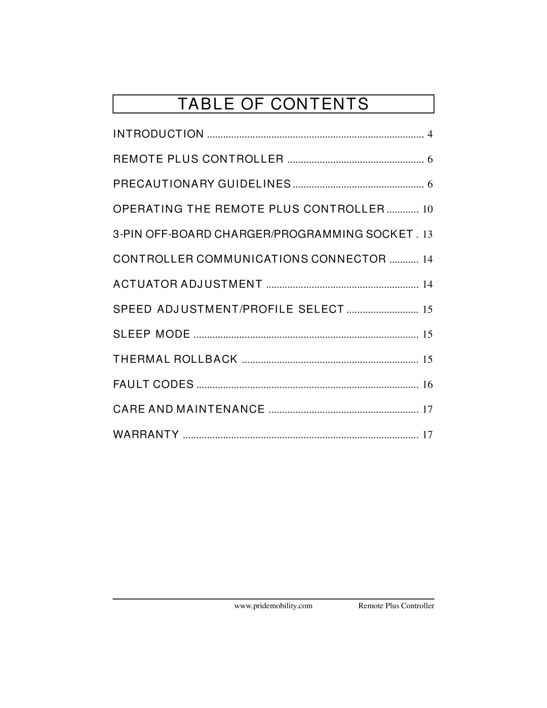 Pride Mobility INFMANU1773 manual Table of Contents 