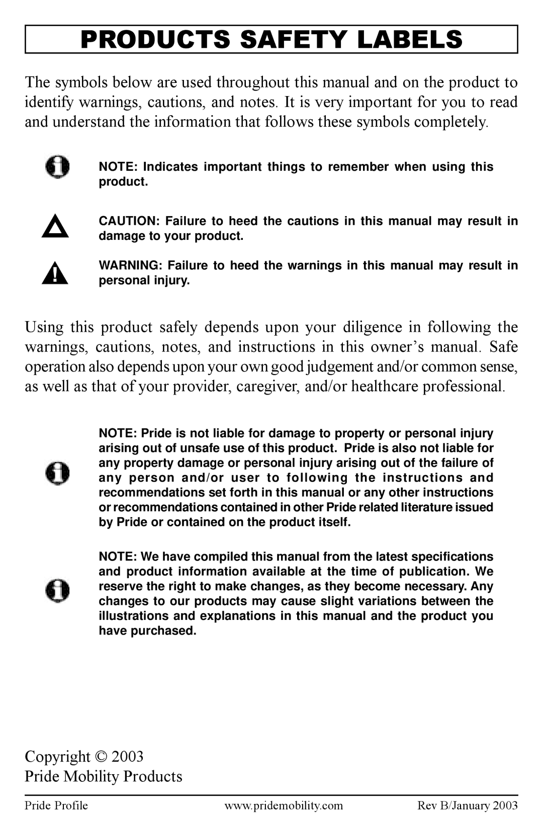 Pride Mobility INFMANU2127 manual Products Safety Labels 