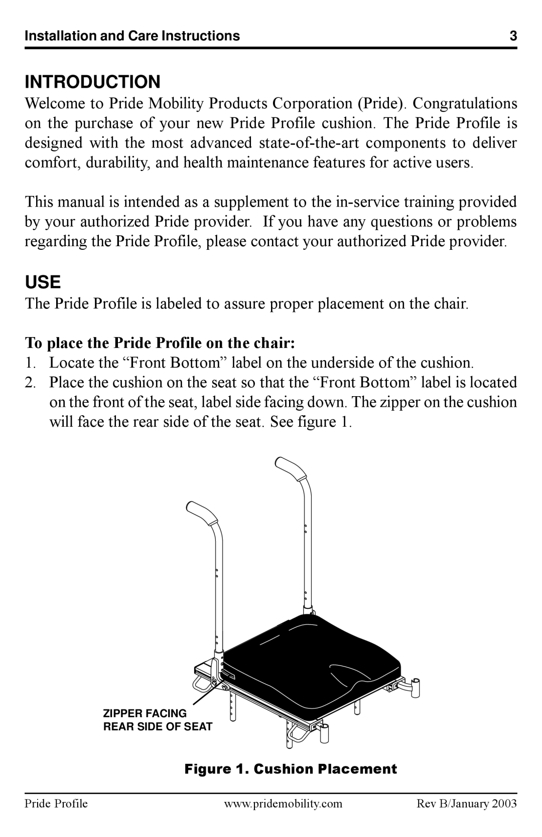 Pride Mobility INFMANU2127 manual Introduction, Use, To place the Pride Profile on the chair 