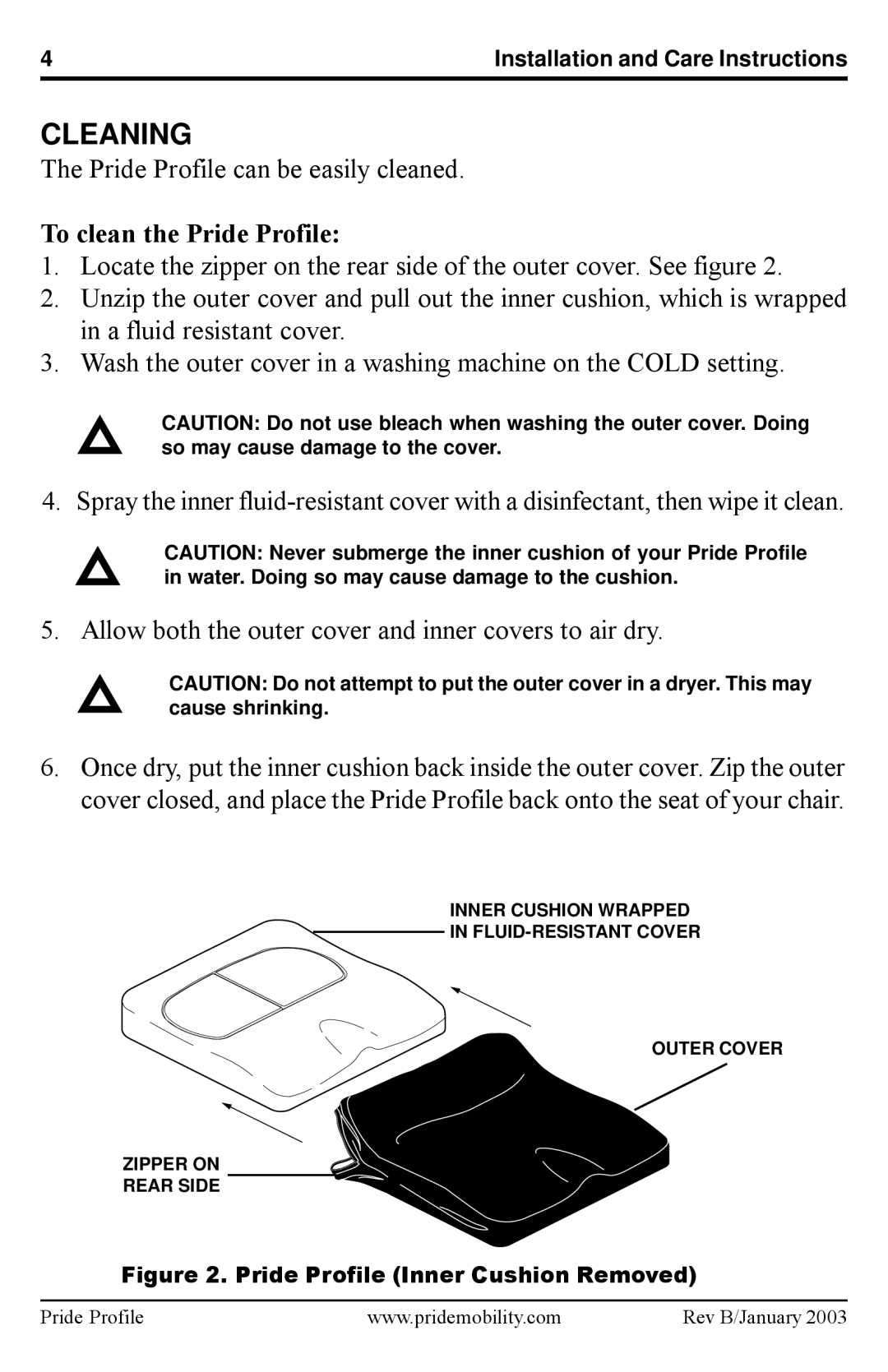 Pride Mobility INFMANU2127 manual Cleaning, To clean the Pride Profile 