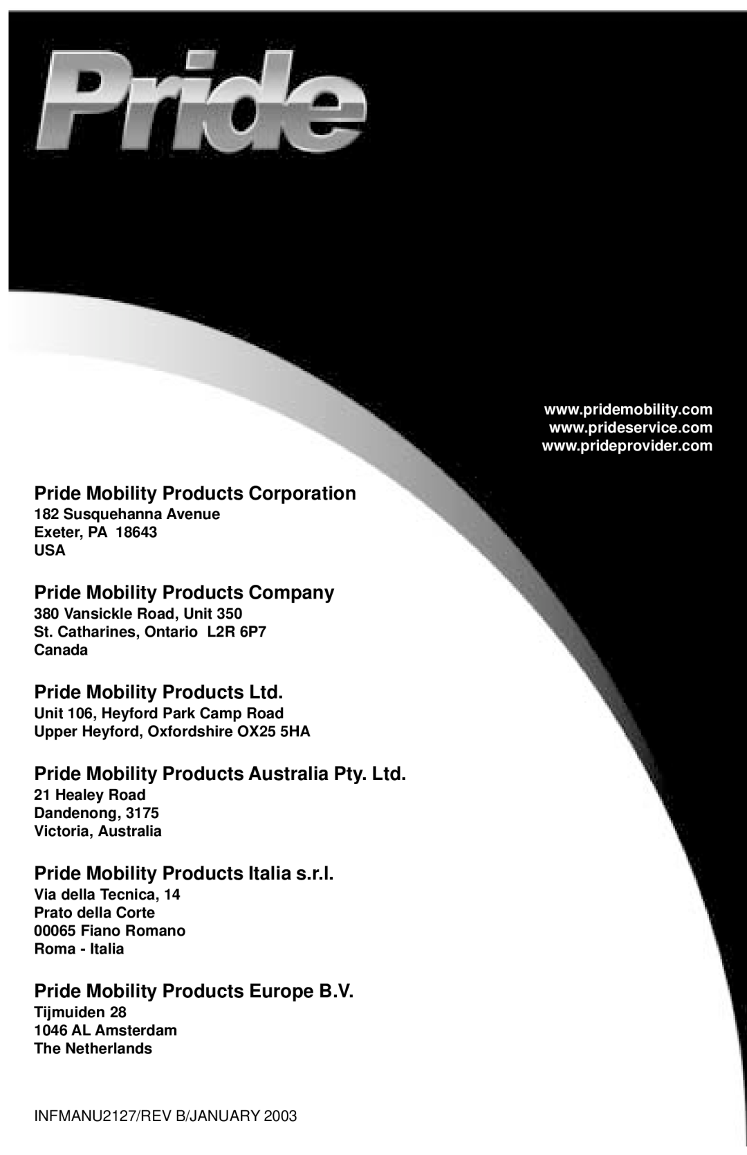 Pride Mobility INFMANU2127 manual Pride Mobility Products Corporation 