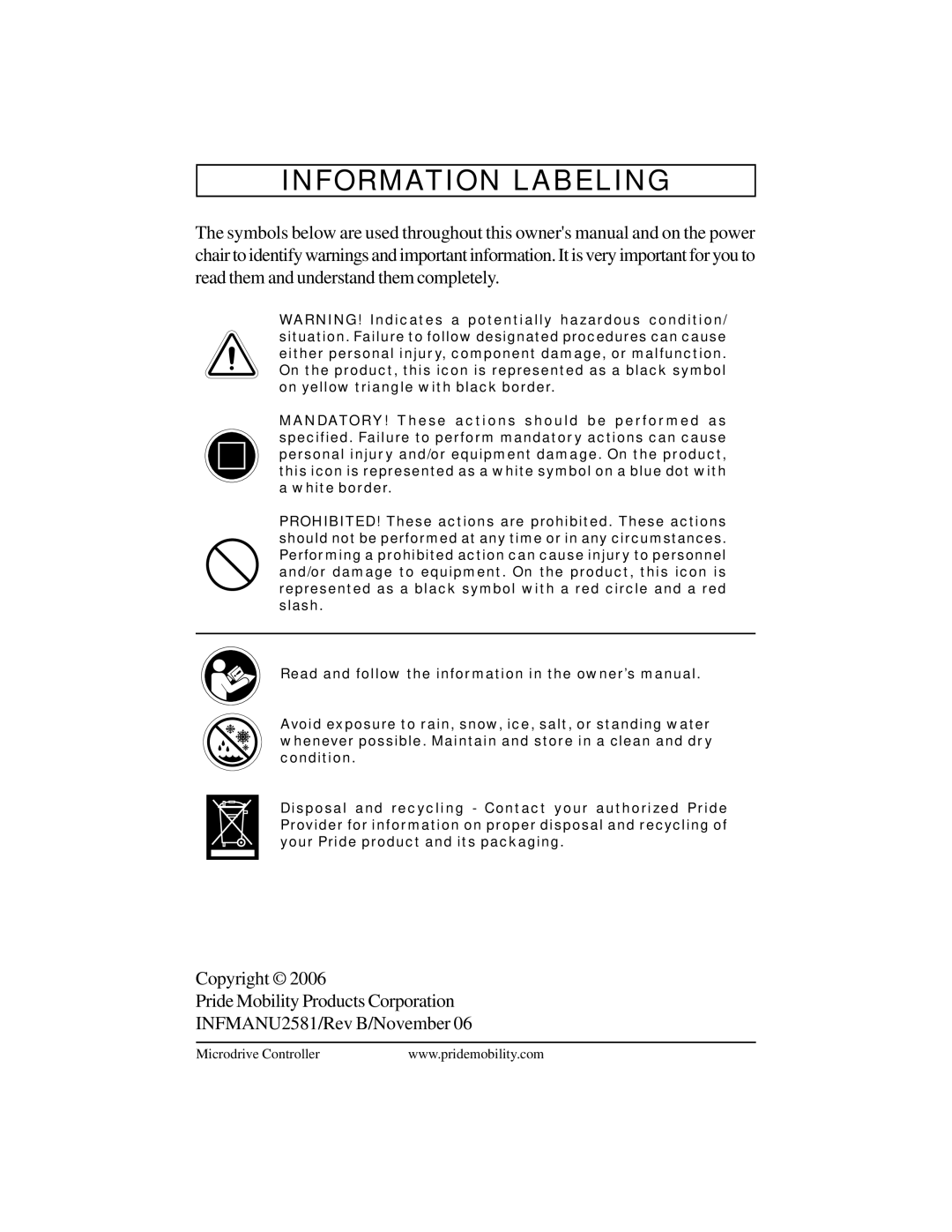 Pride Mobility INFMANU2581 manual Information Labeling 