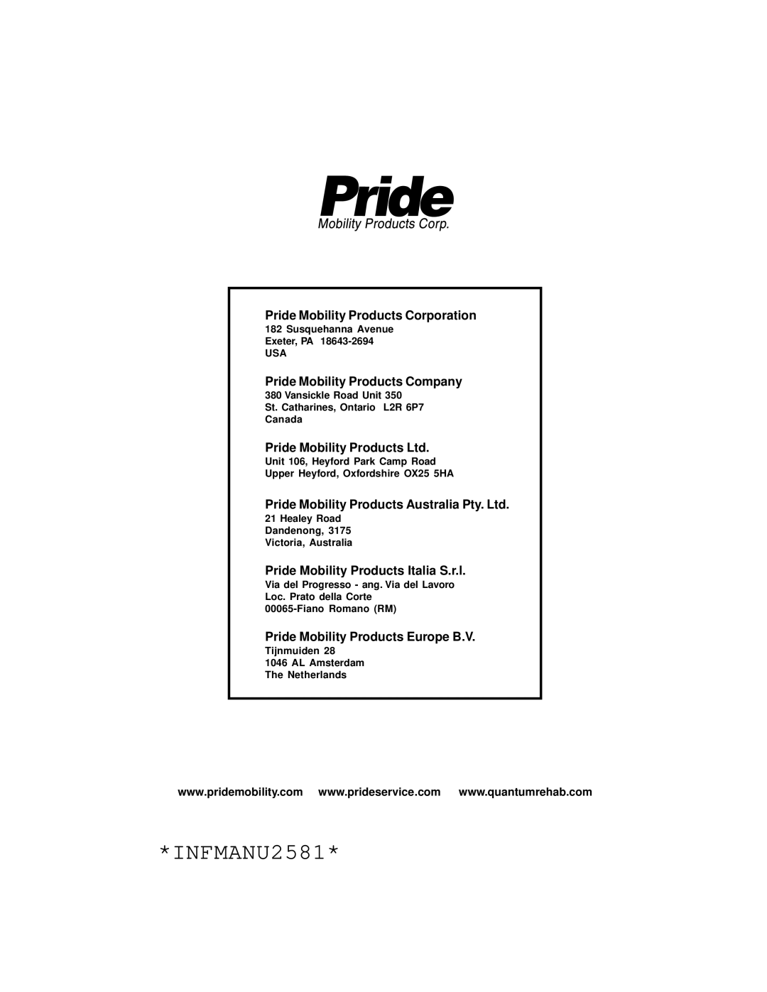 Pride Mobility INFMANU2581 manual 