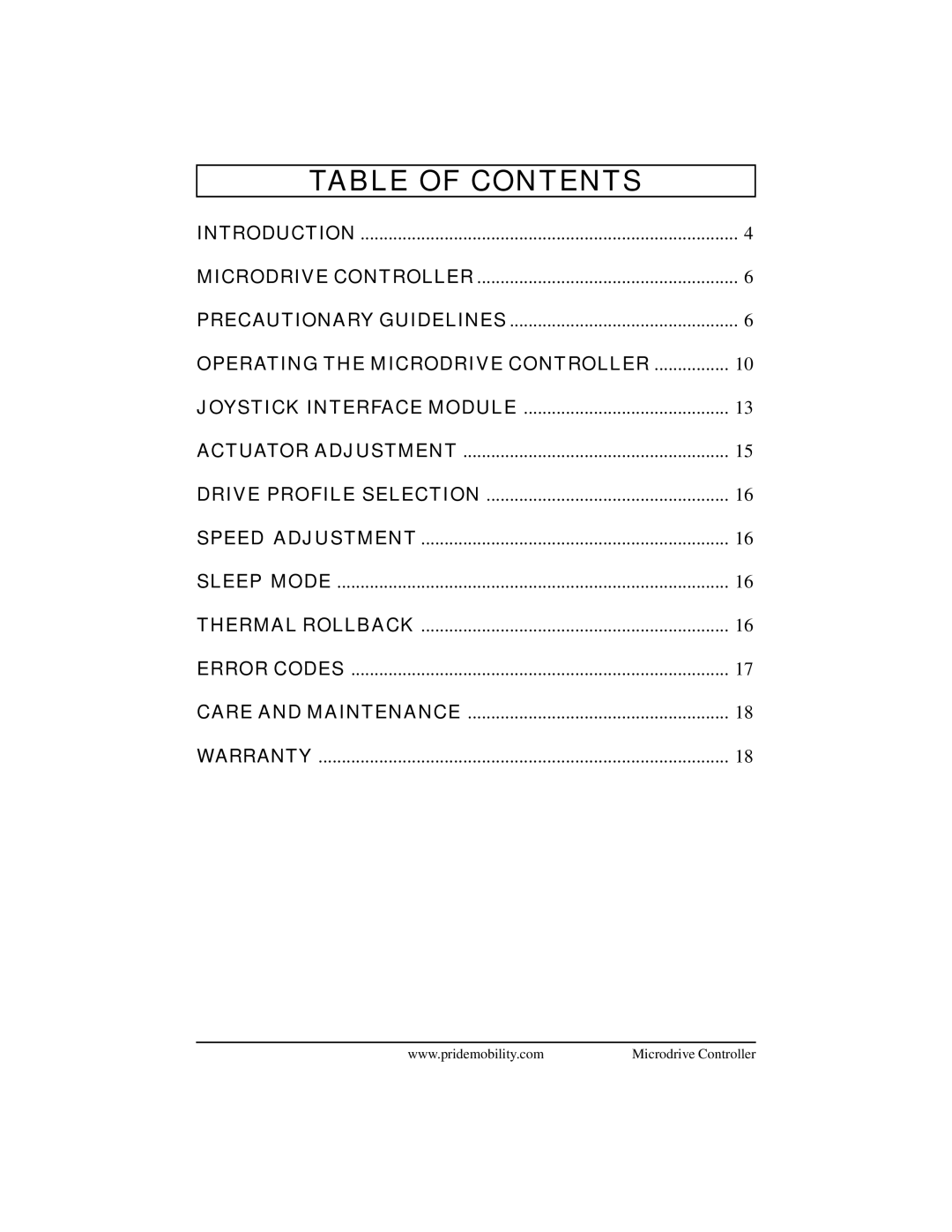 Pride Mobility INFMANU2581 manual Table of Contents 