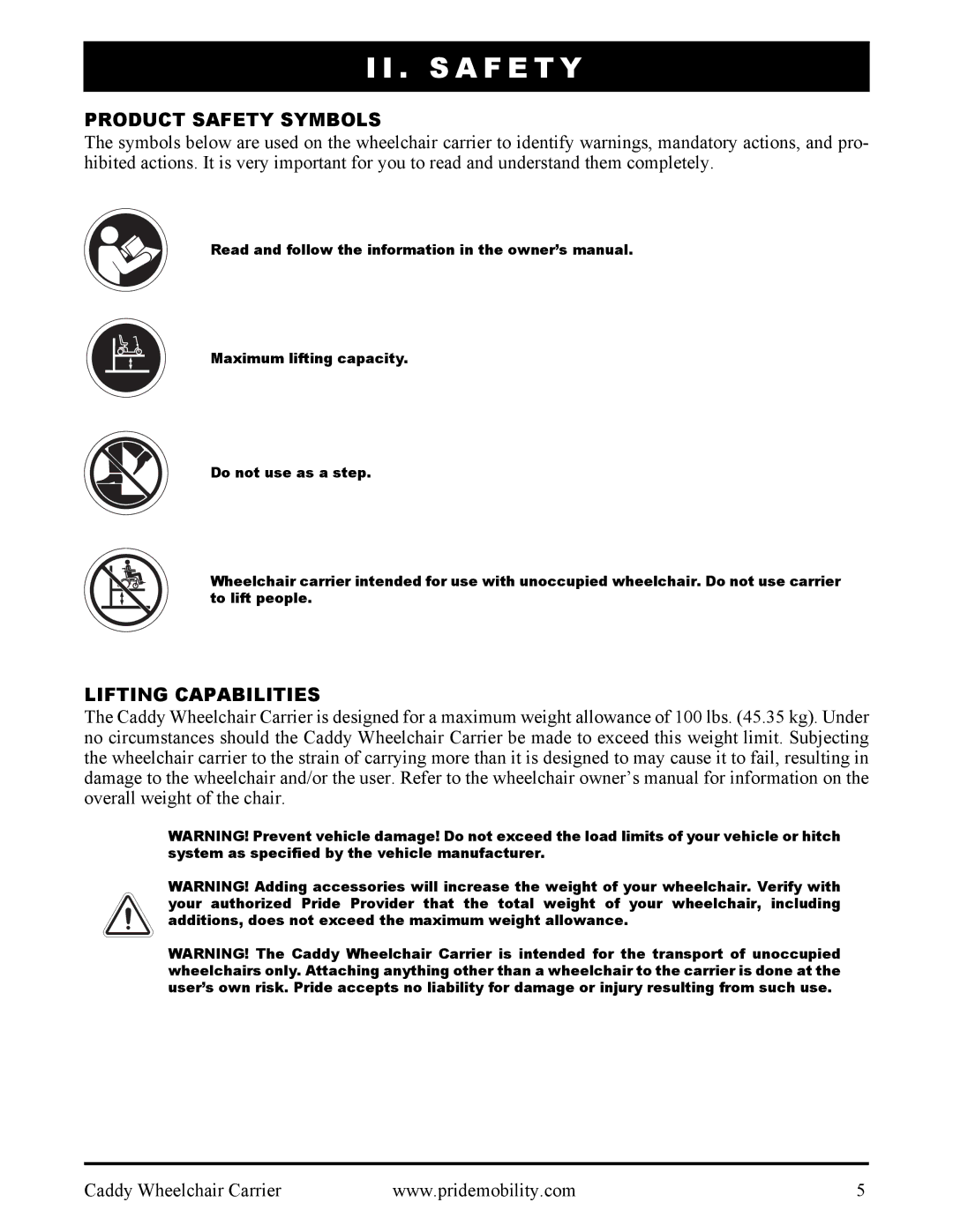 Pride Mobility INFMANU3111 manual S a F E T Y, Product Safety Symbols, Lifting Capabilities 