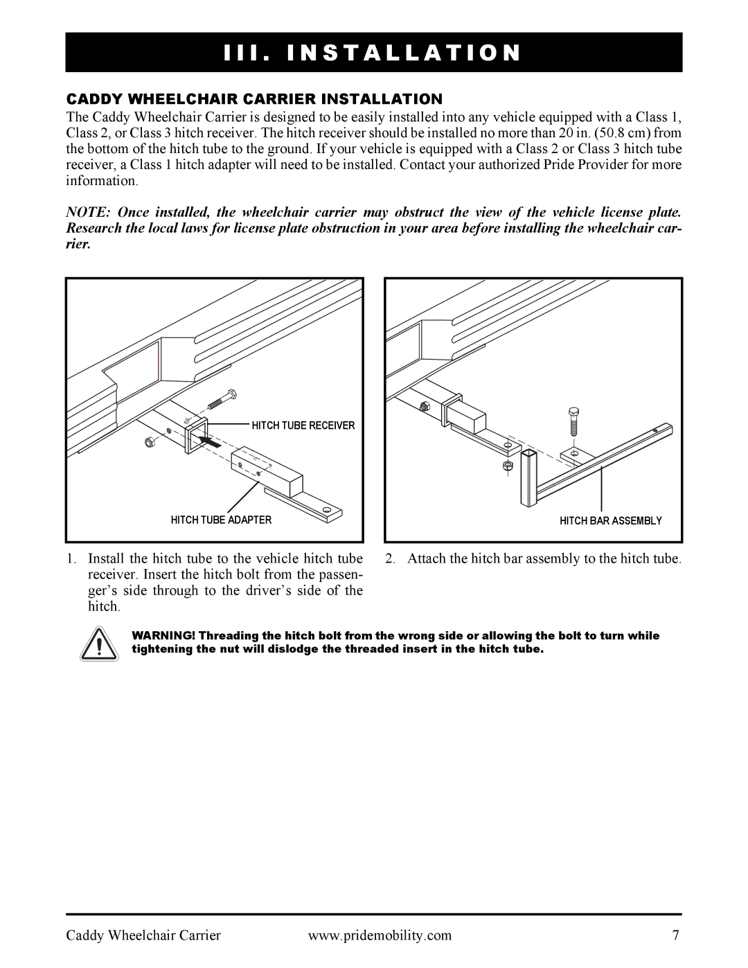 Pride Mobility INFMANU3111 manual I . Installation, Caddy Wheelchair Carrier Installation 