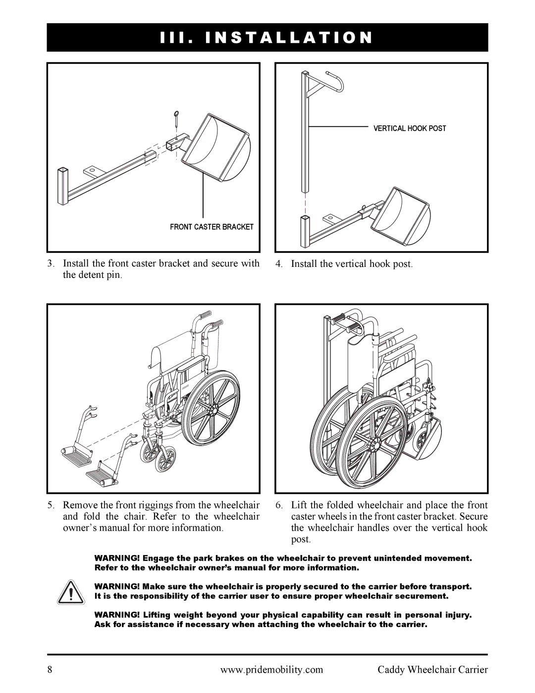 Pride Mobility INFMANU3111 manual Vertical Hook Post Front Caster Bracket 