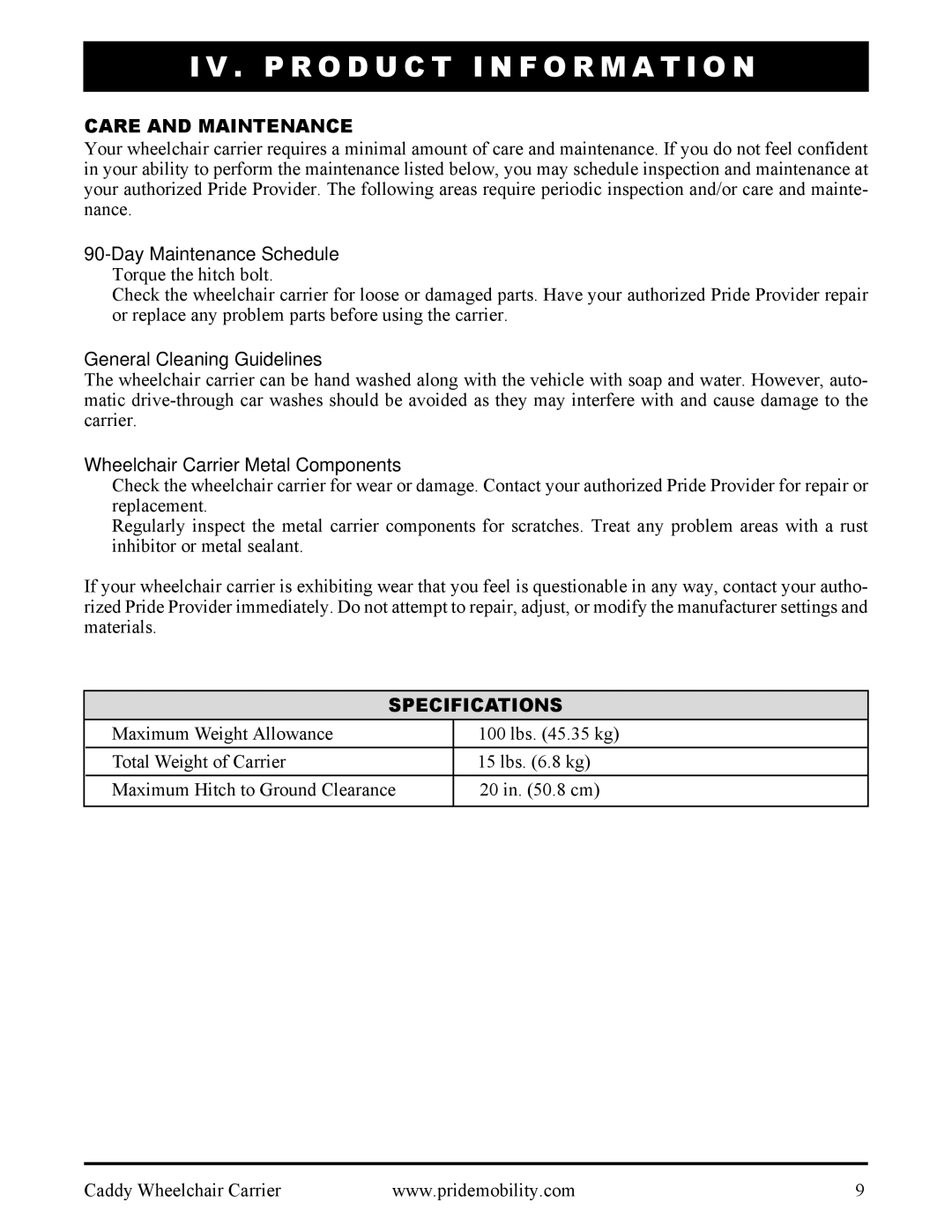 Pride Mobility INFMANU3111 manual P R O D U C T I N F O R M a T I O N, Care and Maintenance, Specifications 