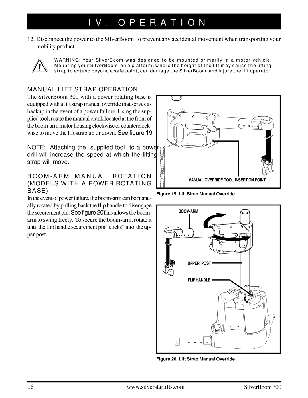 Pride Mobility INFMANU3210 manual Manual Lift Strap Operation, BOOM-ARM Manual Rotation Models with a Power Rotating Base 