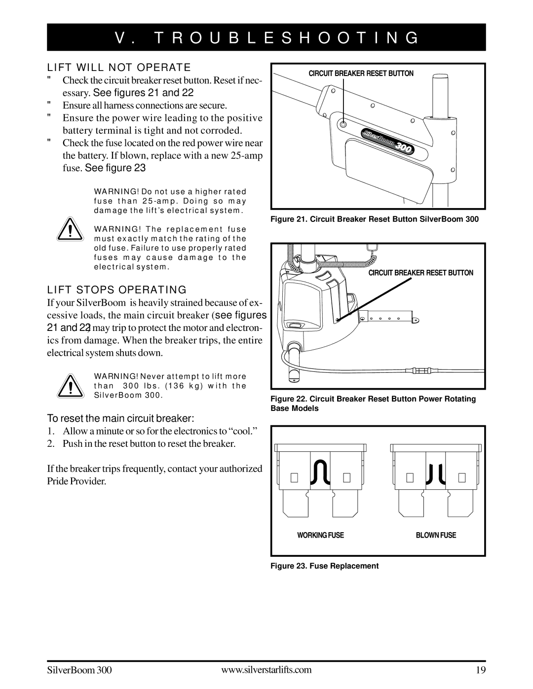 Pride Mobility INFMANU3210 Troubleshooting, Lift will not Operate, Lift Stops Operating, To reset the main circuit breaker 