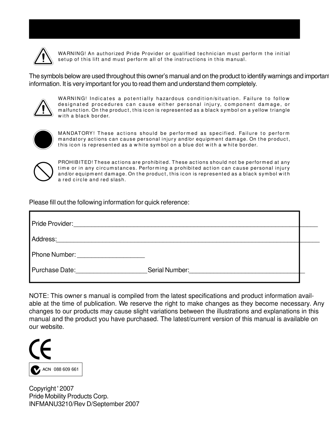 Pride Mobility INFMANU3210 manual F E T Y G U I D E L I N E S, Phone Number Purchase Date Serial Number 