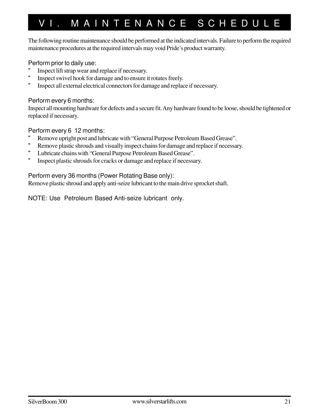 Pride Mobility INFMANU3210 manual M a I N T E N a N C E S C H E D U L E, Perform prior to daily use, Perform every 6 months 