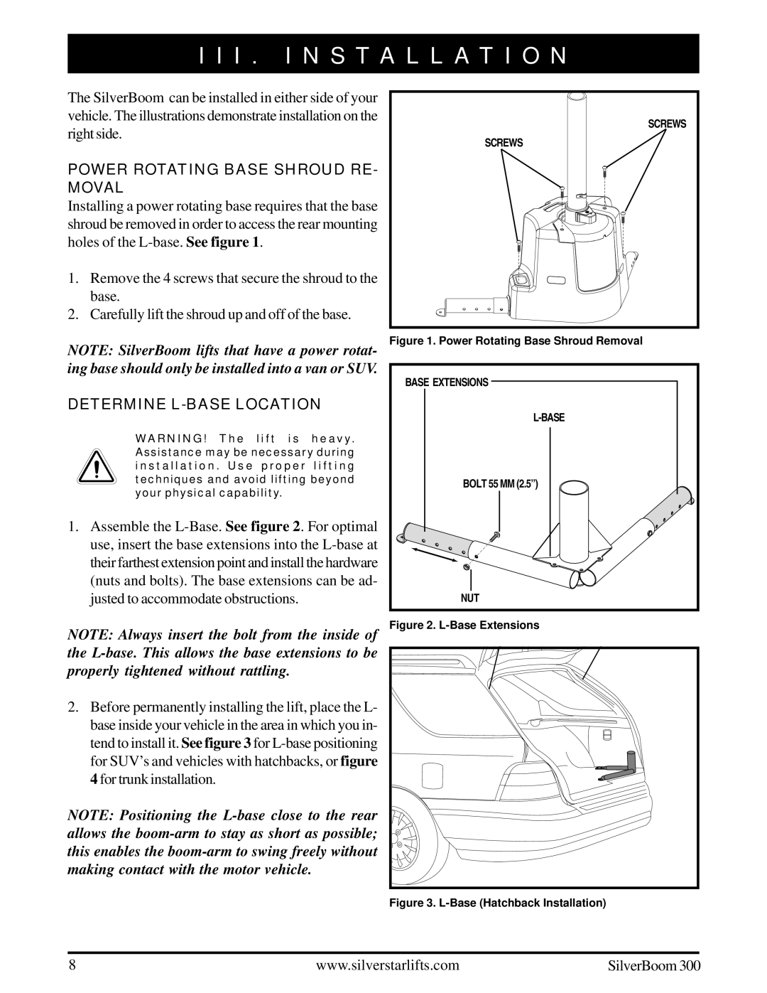 Pride Mobility INFMANU3210 manual I . Installation, Power Rotating Base Shroud RE- Moval, Determine L-BASE Location 