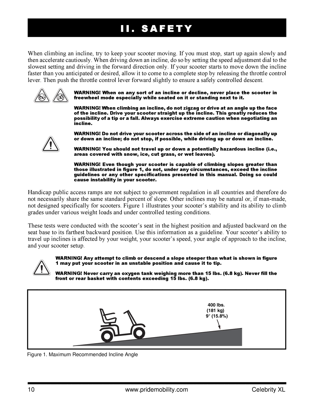 Pride Mobility INFMANU3267 manual Maximum Recommended Incline Angle 