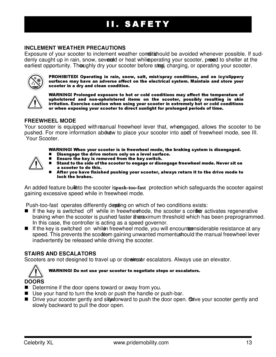 Pride Mobility INFMANU3267 manual Inclement Weather Precautions, Freewheel Mode, Stairs and Escalators, Doors 