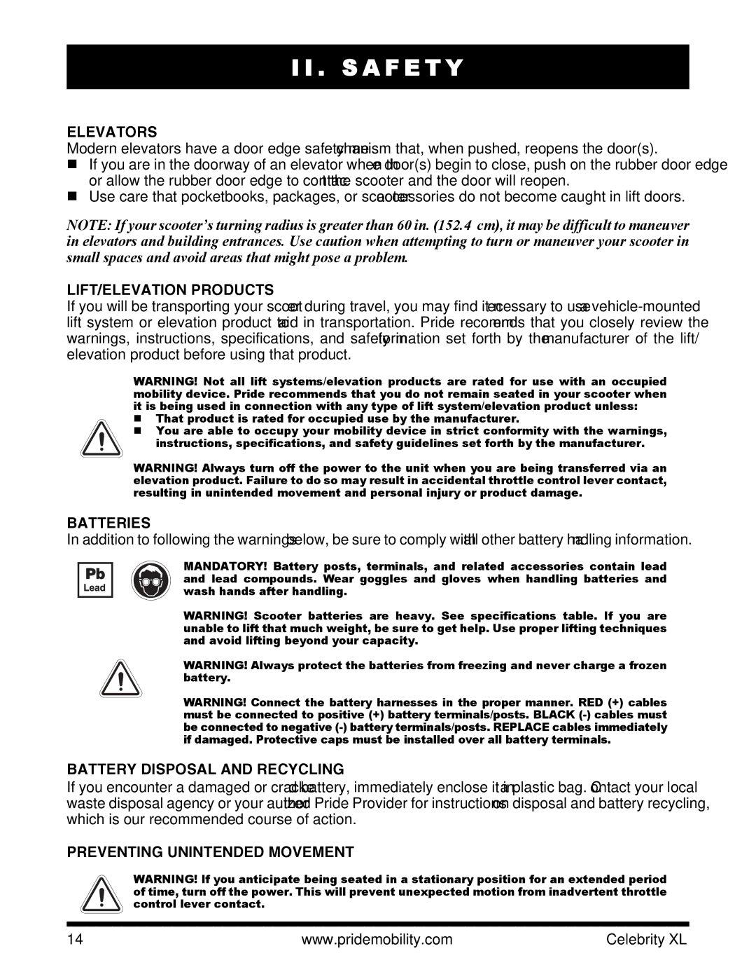 Pride Mobility INFMANU3267 manual Elevators, LIFT/ELEVATION Products, Batteries, Battery Disposal and Recycling 