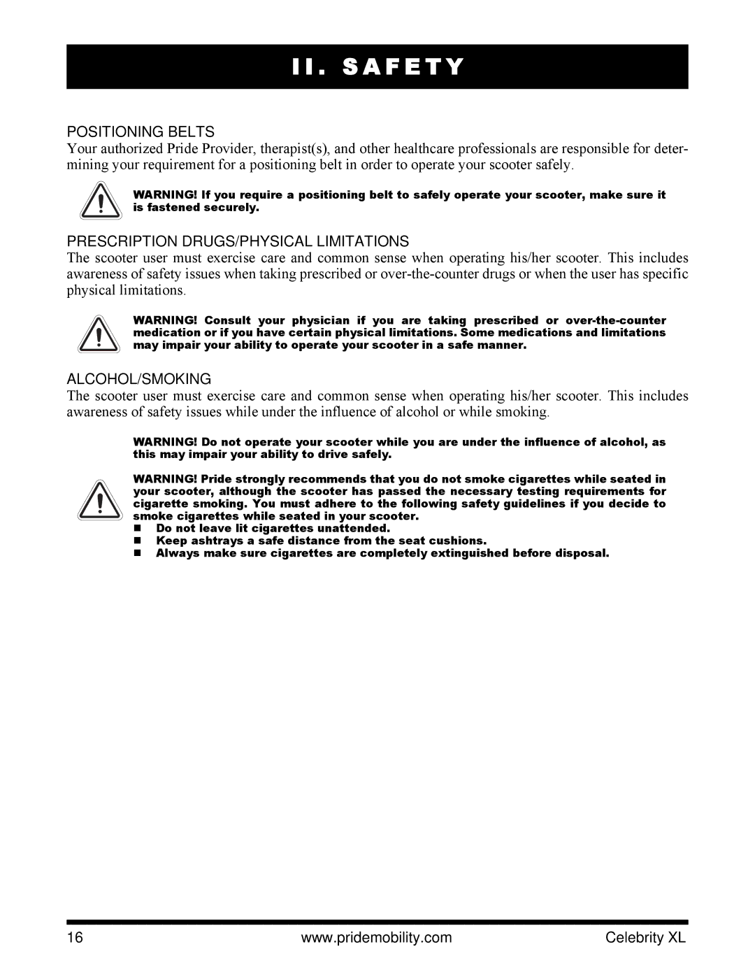 Pride Mobility INFMANU3267 manual Positioning Belts, Prescription DRUGS/PHYSICAL Limitations, Alcohol/Smoking 