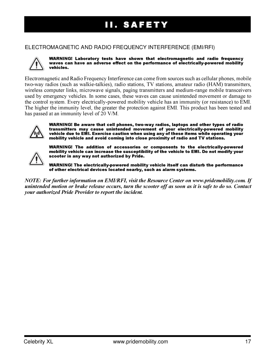 Pride Mobility INFMANU3267 manual Electromagnetic and Radio Frequency Interference EMI/RFI 