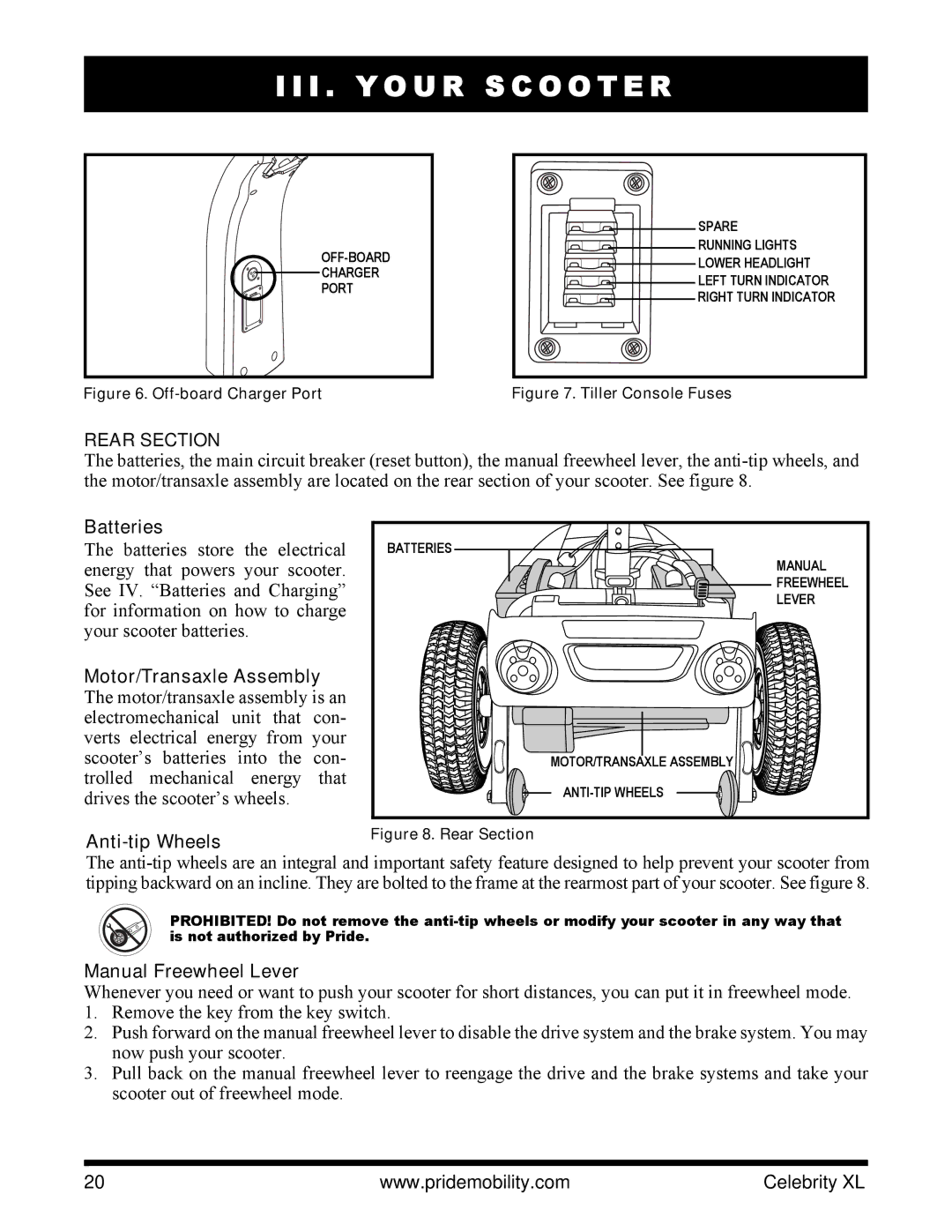 Pride Mobility INFMANU3267 manual Batteries, Motor/Transaxle Assembly, Anti-tip Wheels, Manual Freewheel Lever 