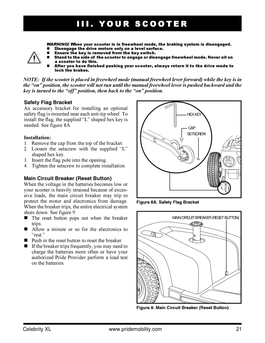 Pride Mobility INFMANU3267 manual Safety Flag Bracket, Installation, Main Circuit Breaker Reset Button 