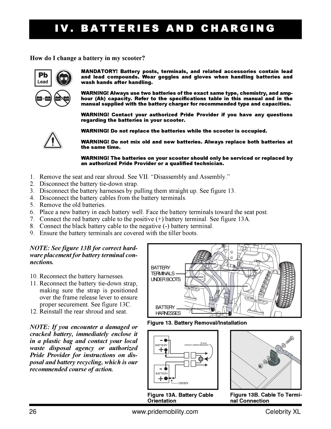 Pride Mobility INFMANU3267 manual How do I change a battery in my scooter?, Battery Removal/Installation 