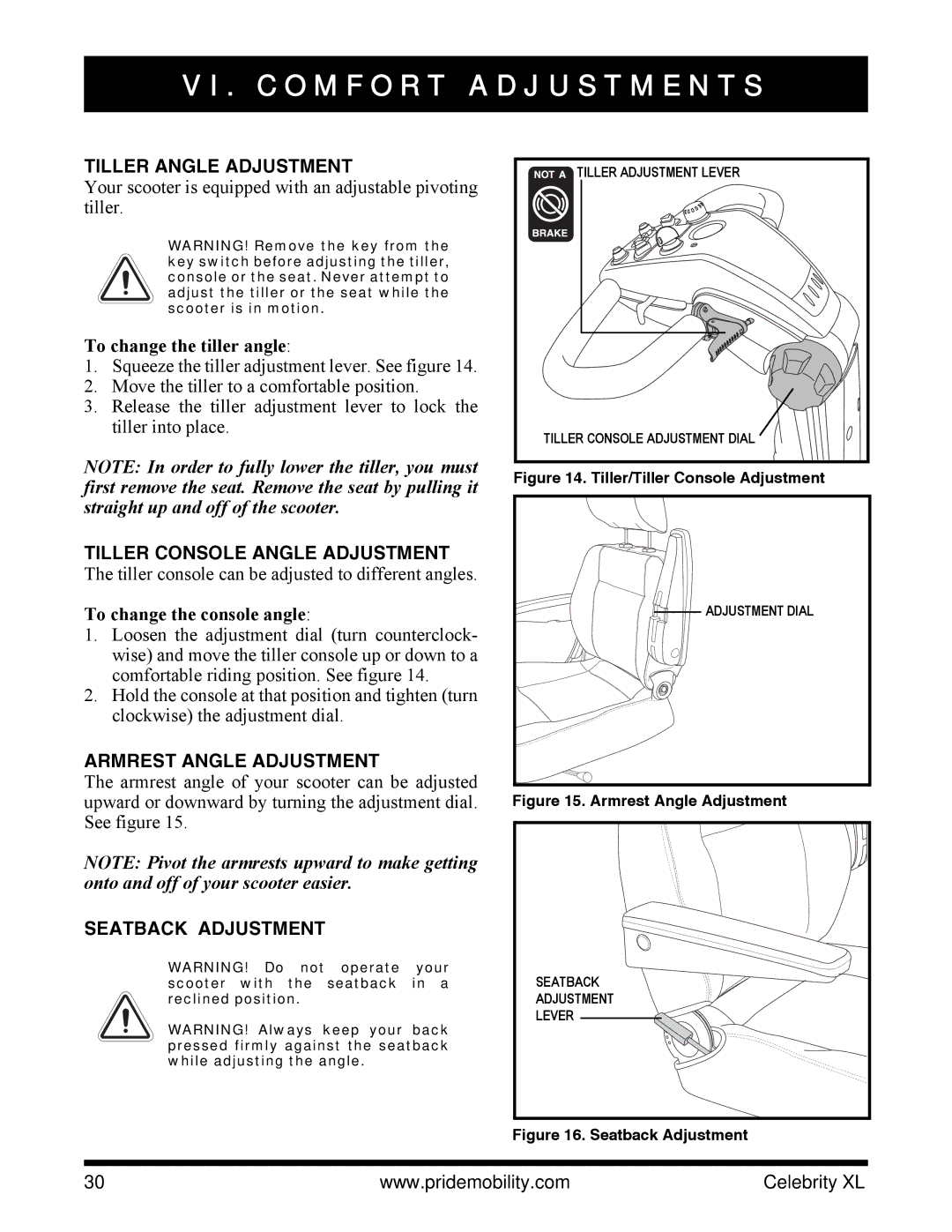 Pride Mobility INFMANU3267 C O M F O R T a D J U S T M E N T S, Tiller Angle Adjustment, Tiller Console Angle Adjustment 