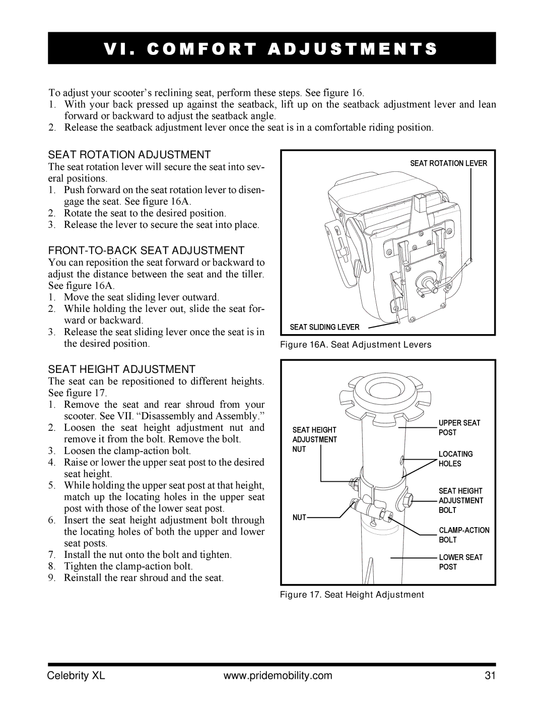 Pride Mobility INFMANU3267 manual Seat Rotation Adjustment, FRONT-TO-BACK Seat Adjustment, Seat Height Adjustment 