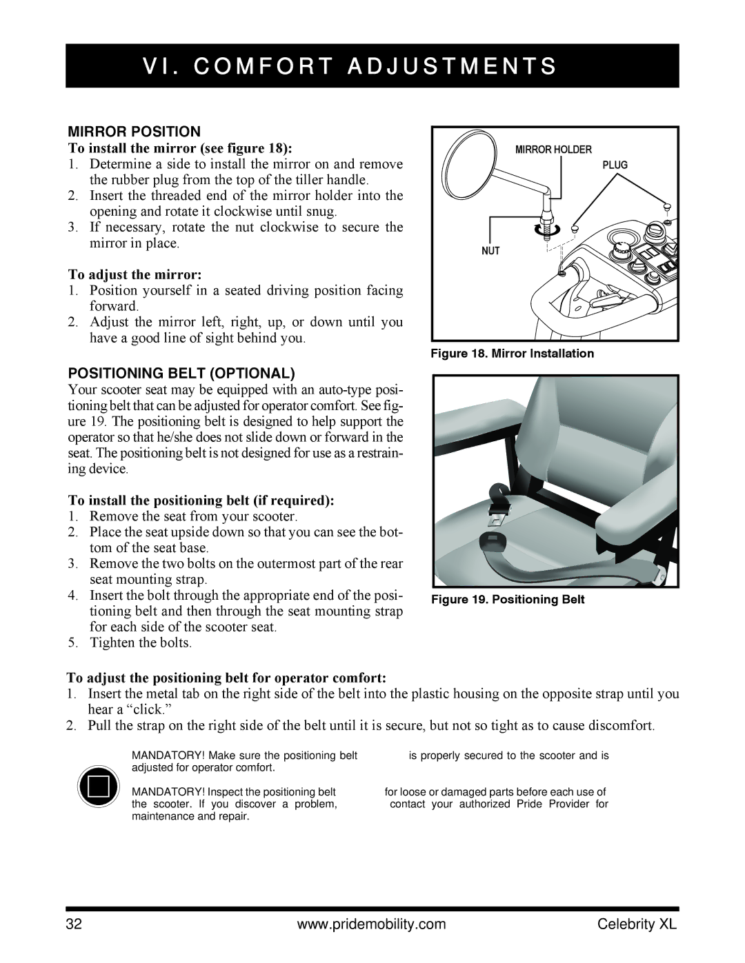 Pride Mobility INFMANU3267 manual Mirror Position, Positioning Belt Optional 