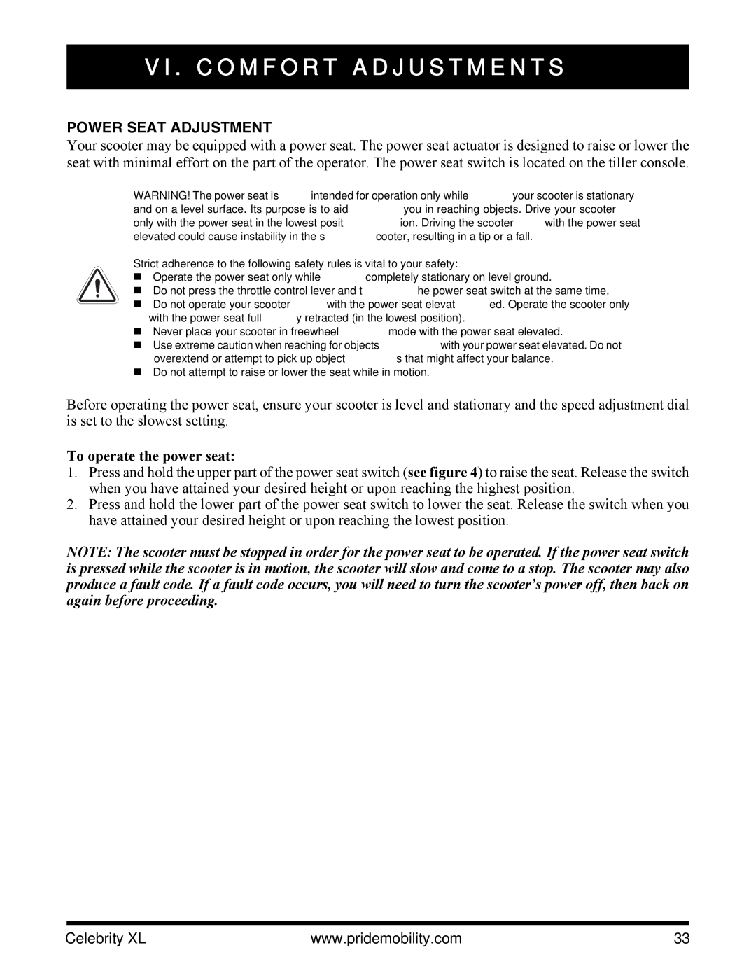 Pride Mobility INFMANU3267 manual Power Seat Adjustment, To operate the power seat 