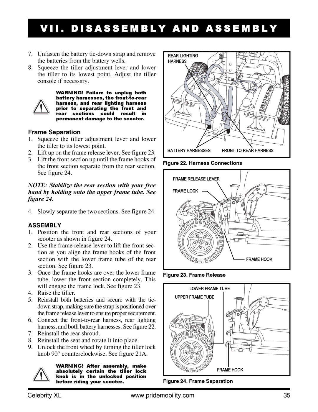 Pride Mobility INFMANU3267 manual I . D I S a S S E M B L Y a N D a S S E M B L Y, Frame Separation 