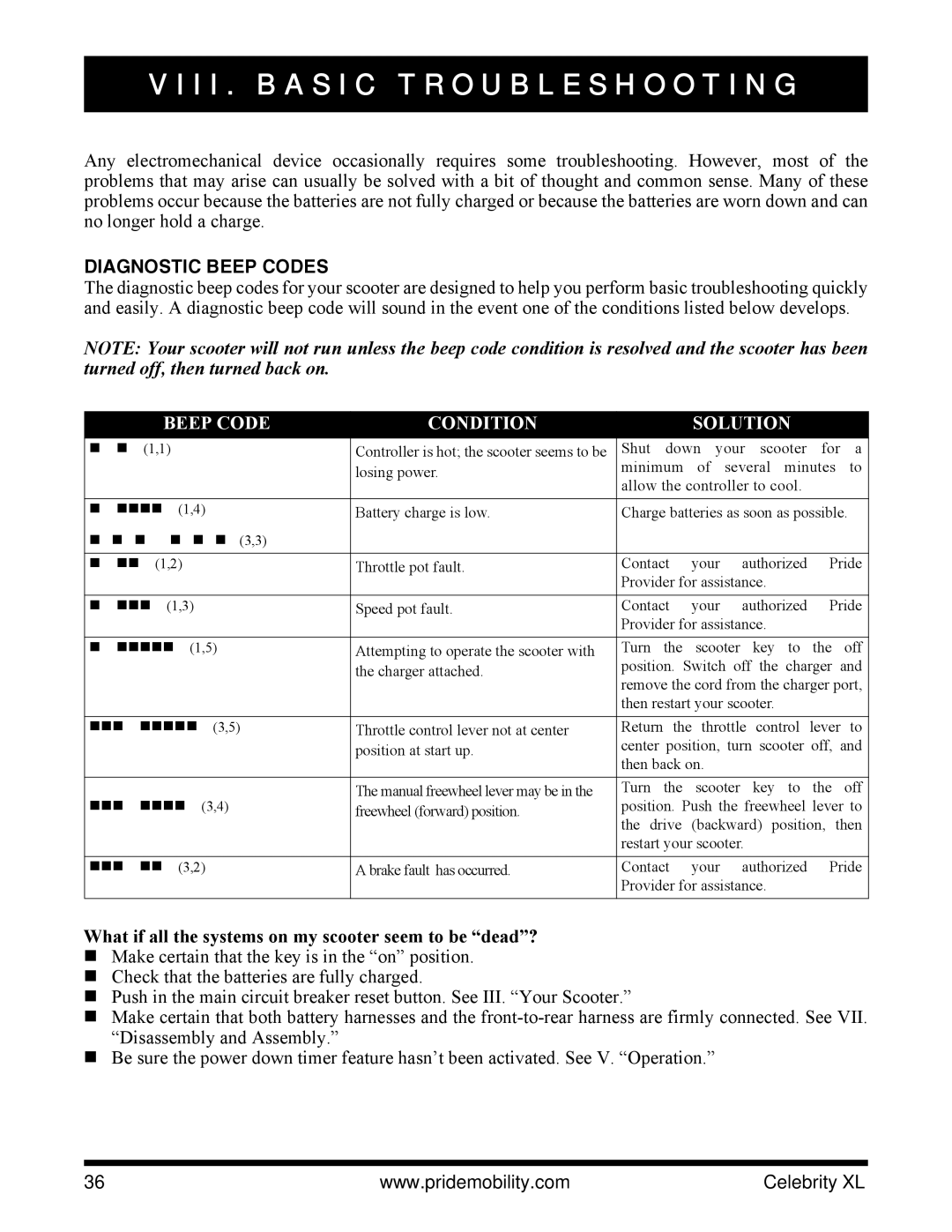 Pride Mobility INFMANU3267 manual I I . B a S I C Troubleshooting, Diagnostic Beep Codes 