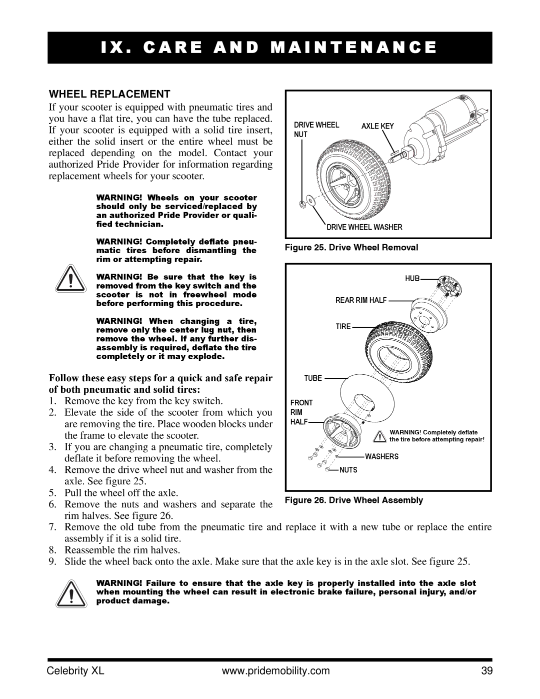 Pride Mobility INFMANU3267 manual Wheel Replacement 