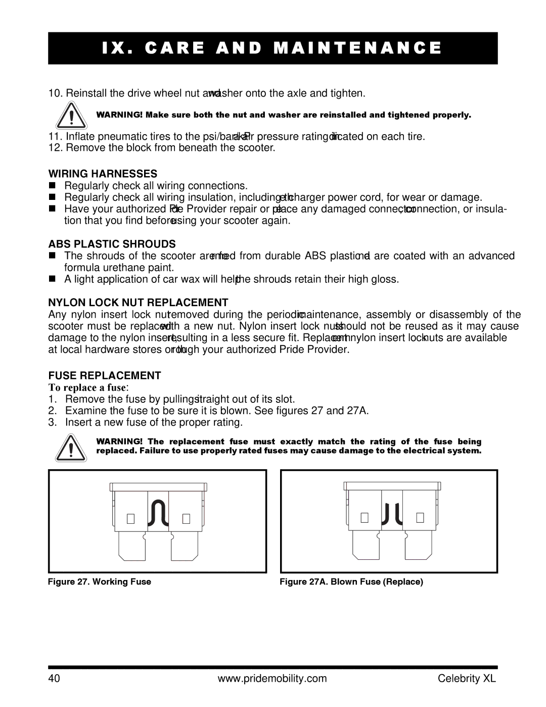 Pride Mobility INFMANU3267 manual Wiring Harnesses, ABS Plastic Shrouds, Nylon Lock NUT Replacement, Fuse Replacement 