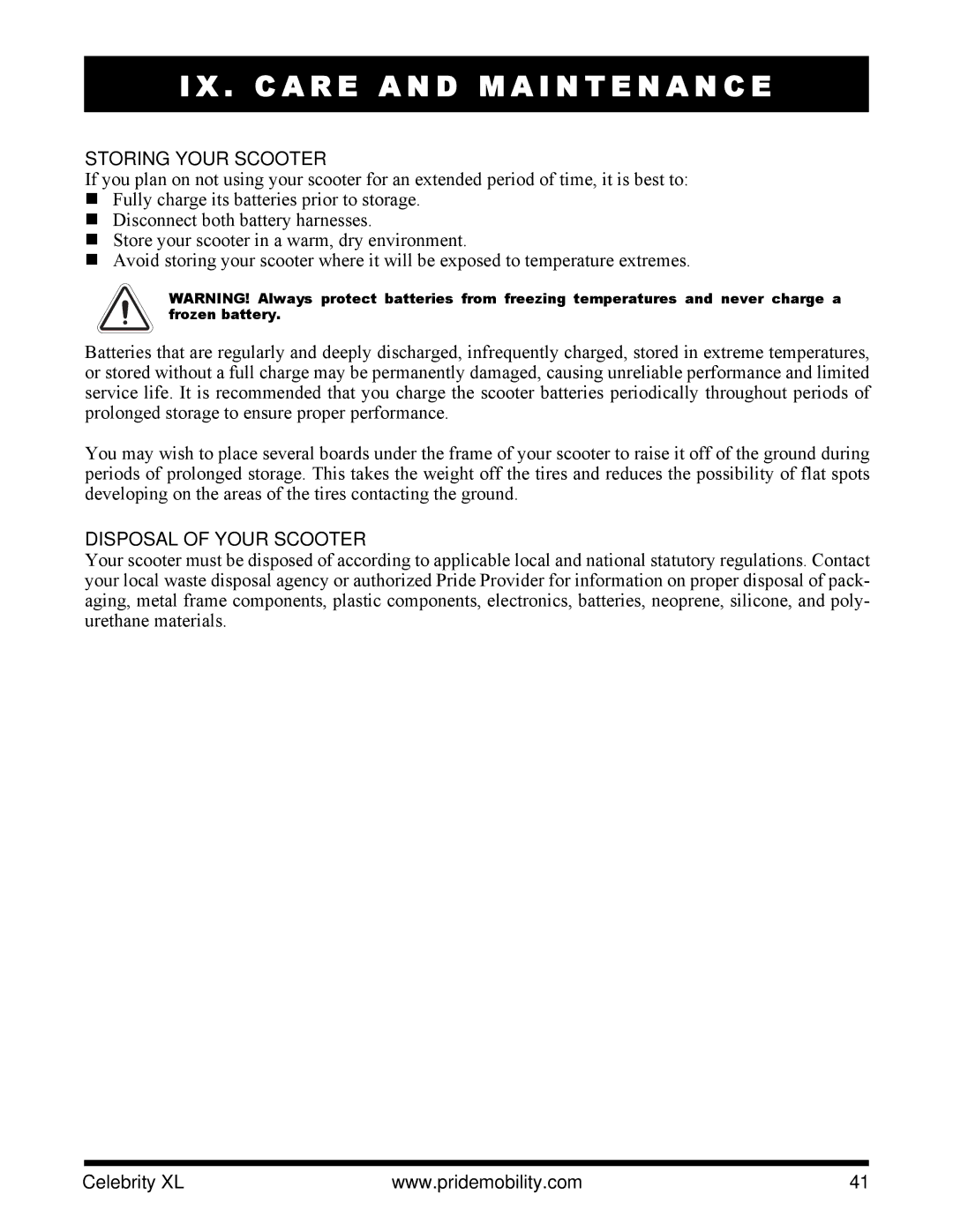 Pride Mobility INFMANU3267 manual Storing Your Scooter, Disposal of Your Scooter 