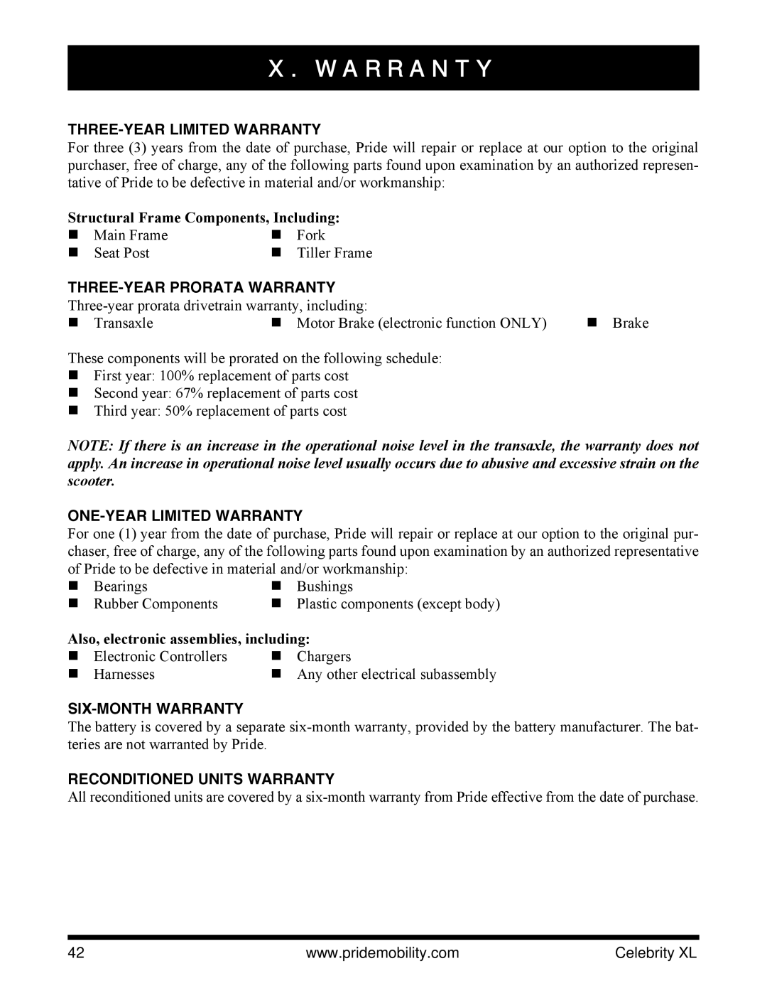 Pride Mobility INFMANU3267 manual A R R a N T Y 