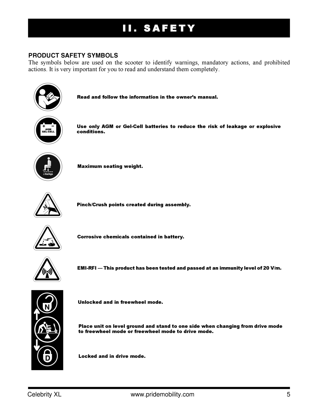 Pride Mobility INFMANU3267 manual S a F E T Y, Product Safety Symbols 