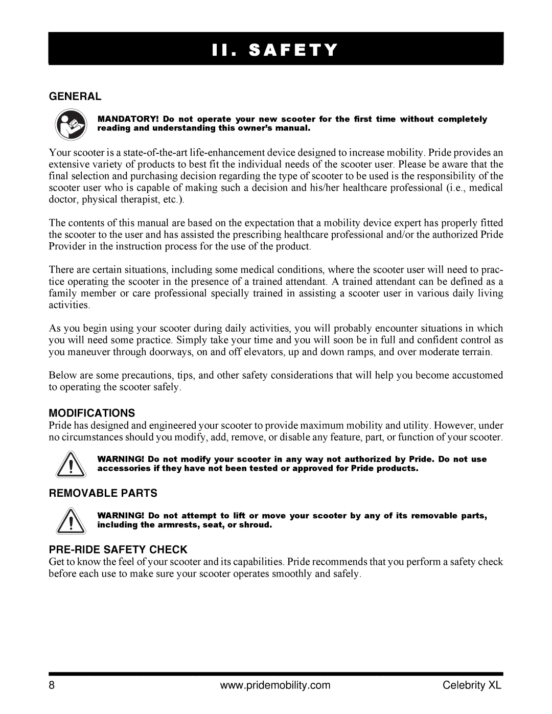 Pride Mobility INFMANU3267 manual General, Modifications, Removable Parts PRE-RIDE Safety Check 