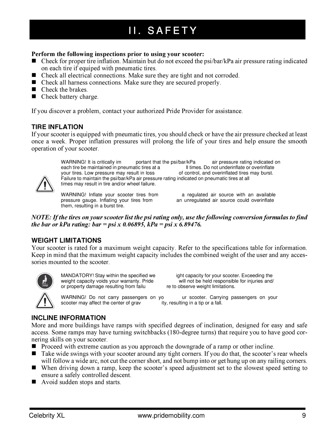 Pride Mobility INFMANU3267 manual Tire Inflation, Weight Limitations, Incline Information 