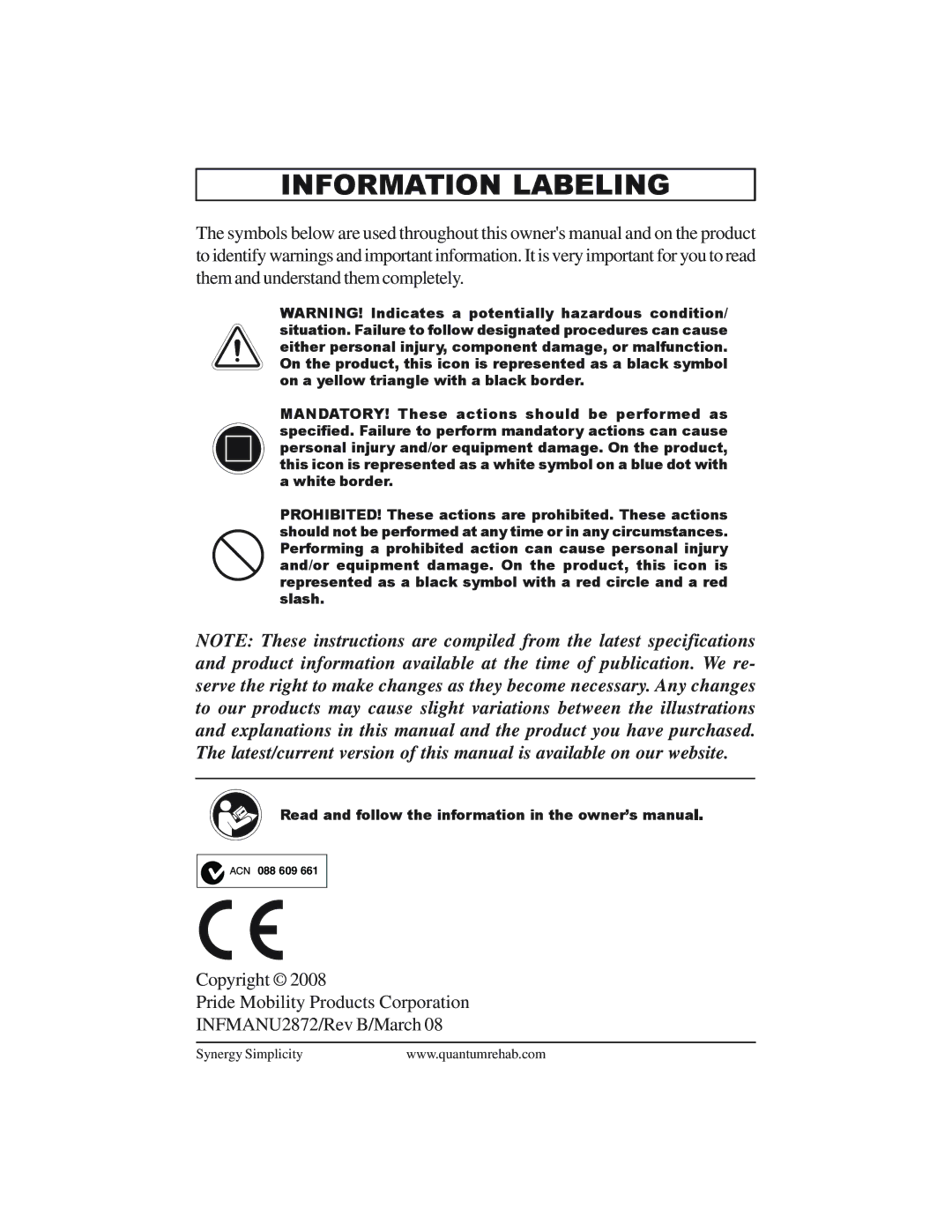 Pride Mobility INFMANU3281 manual Information Labeling 